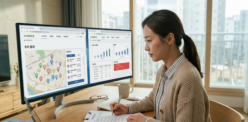 유보통합포털과 유치원 알리미 사이트 화면을 띄워놓고 교사 근속연수와 위반 내역을 꼼꼼하게 메모하며 비교하는 학부모의 모습