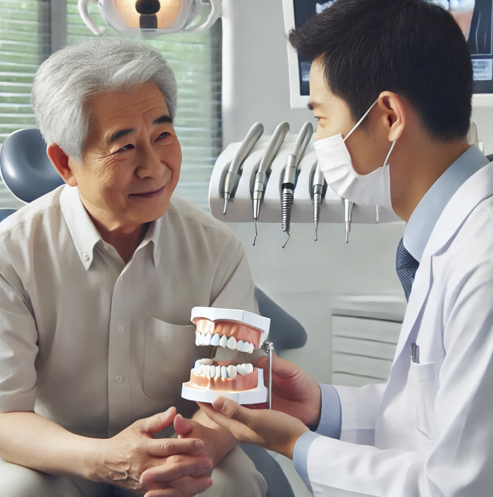 임플란트 상담을 받고 있는 어르신