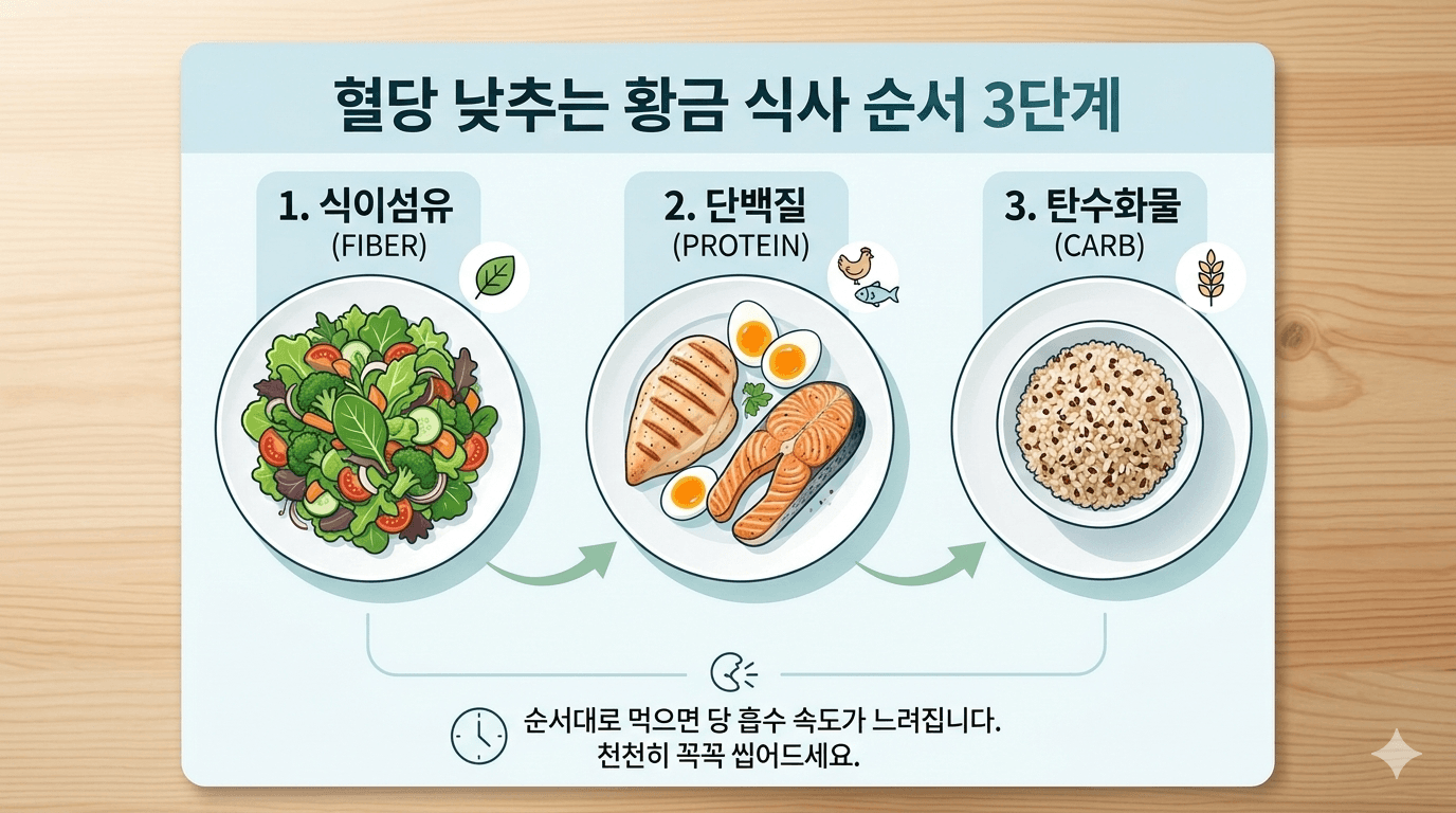 혈당 낮추는 황금 식사 순서 3단계 설명 일러스트