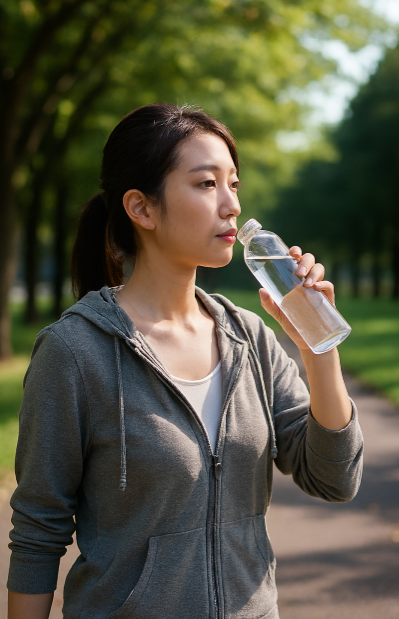 한 젊은 여성이 오전 공복에 물을 마시며 가벼운 산책을 하는 장면