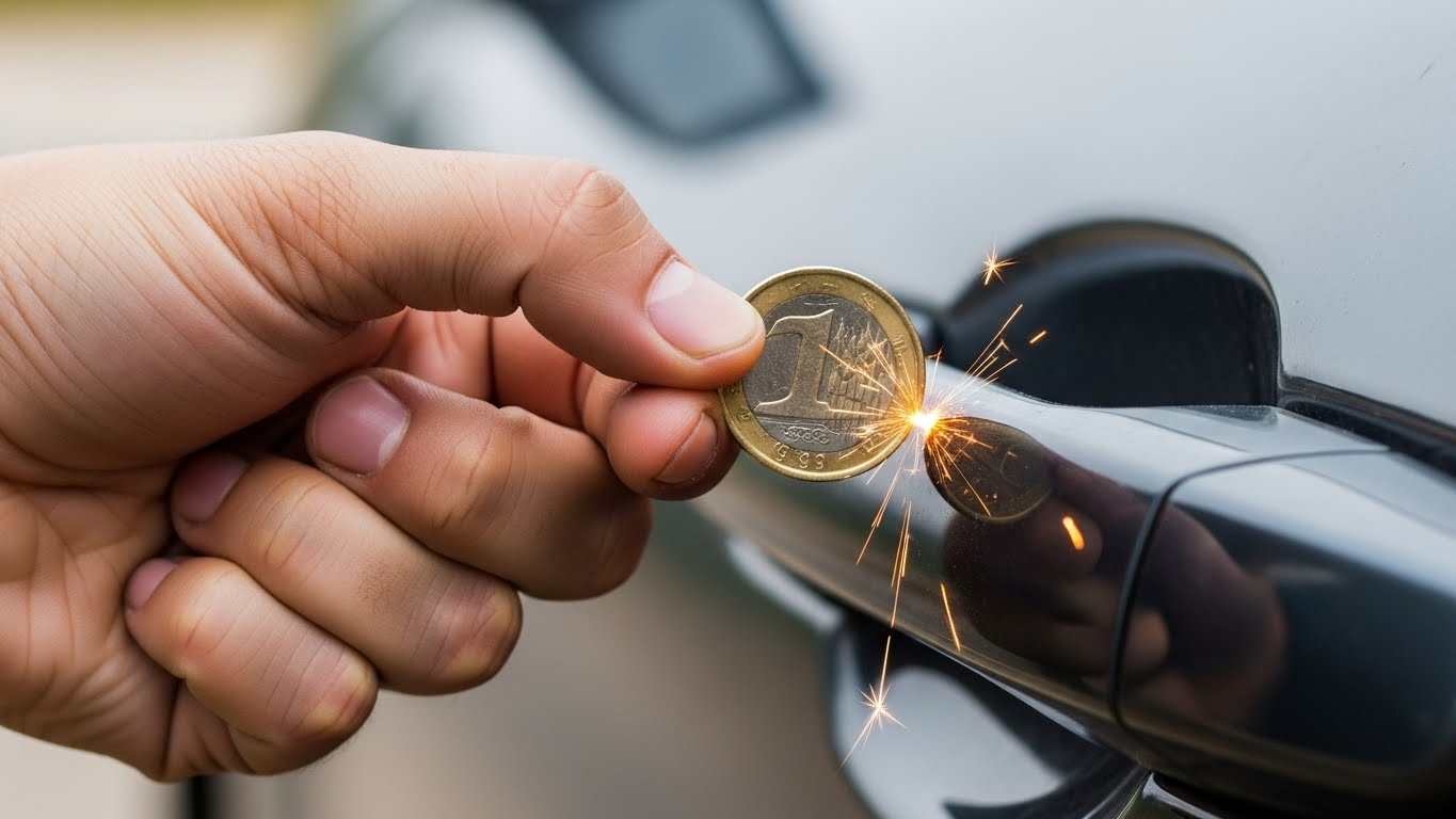 차 문을 열기 전 동전으로 터치하여 정전기를 빼는 모습