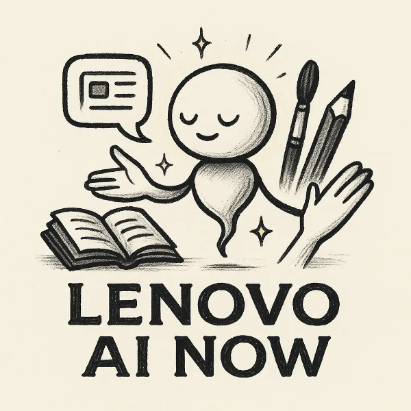 'Lenovo AI Now' 로고 또는 AI가 사용자에게 유용한 정보를 제공하거나 창작 활동을 돕는 모습을 시각화한 아이콘