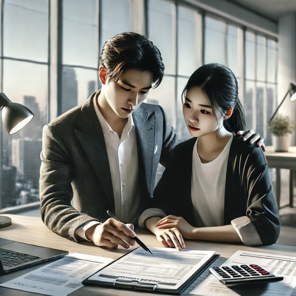 세무서에서 부부가 세금 신고서류를 제출하며 상담하는 모습