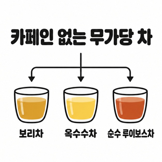 보리차 옥수수차 순수 루이보스차를 카페인 없는 무가당 차로 묶은 분류 도식