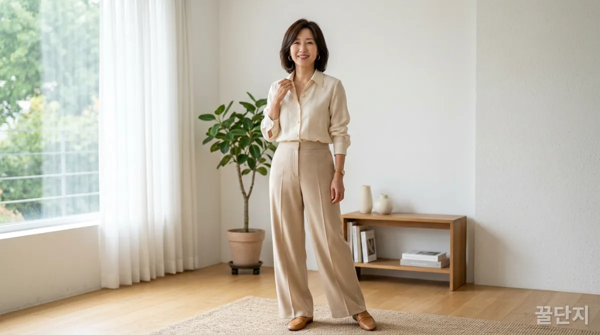 40대 한국 여성이 톤온톤 상하의 매치법을 보여주며 우아하게 포즈를 취하고 있다.
