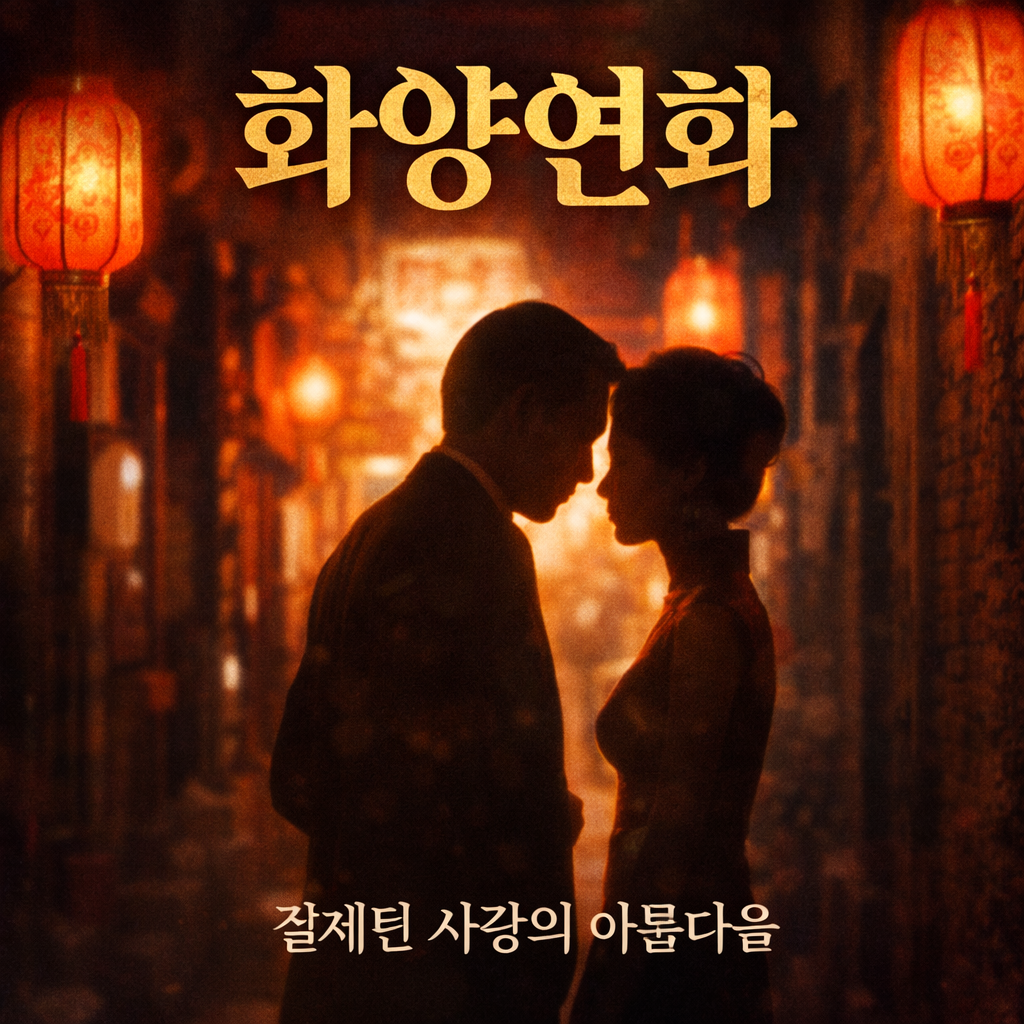 남녀 주인공이 홍콩의 밤거리에서 근접해서 서있는 모습. 영화제목과 한줄평이 삽입되어 있음.