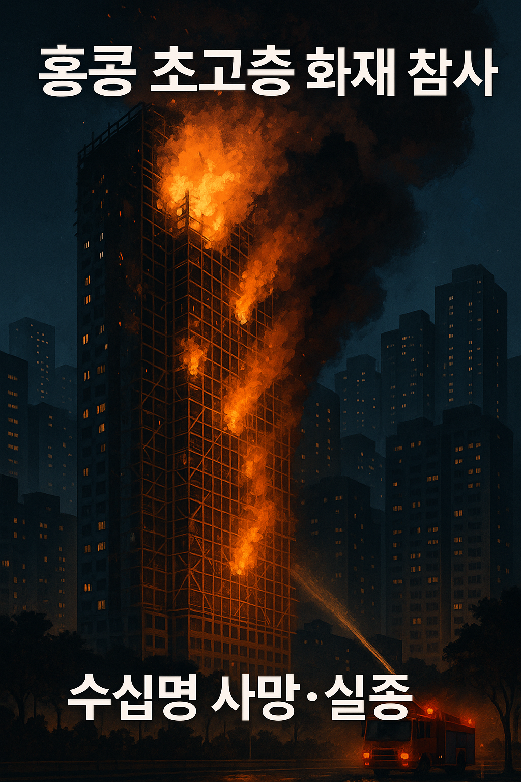 “홍콩 타이포 고층 아파트 단지에서 밤하늘을 배경으로 불길과 연기가 번지고 소방 대응이 이어지는 장면, 도시 전체를 덮은 대형 화재 이미지”