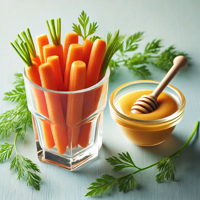 당근 스틱과 허니 머스터드 소스가 놓인 장면을 담은 이미지.