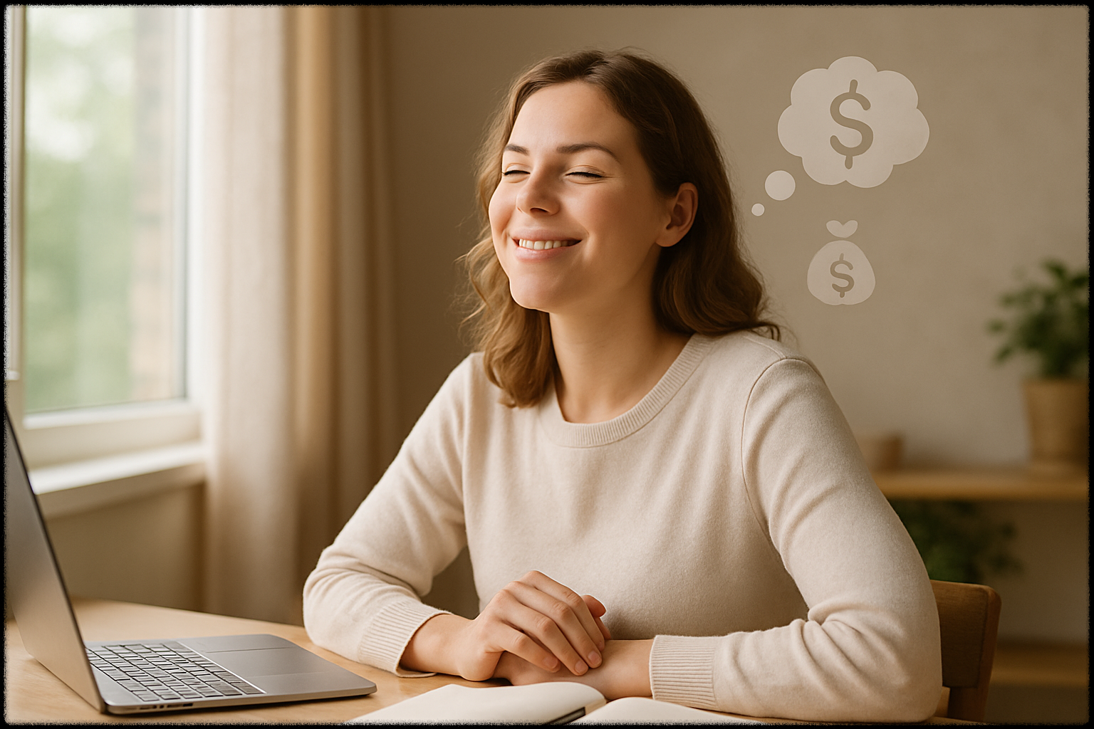 노트북 앞에서 미소 지으며 추가 수익을 상상 중인 여성