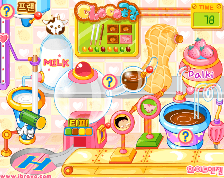 슈의-초코공장-초콜릿-만들기-플래시게임-플레이-과자-막대기를-밀크-초코에-넣는-화면