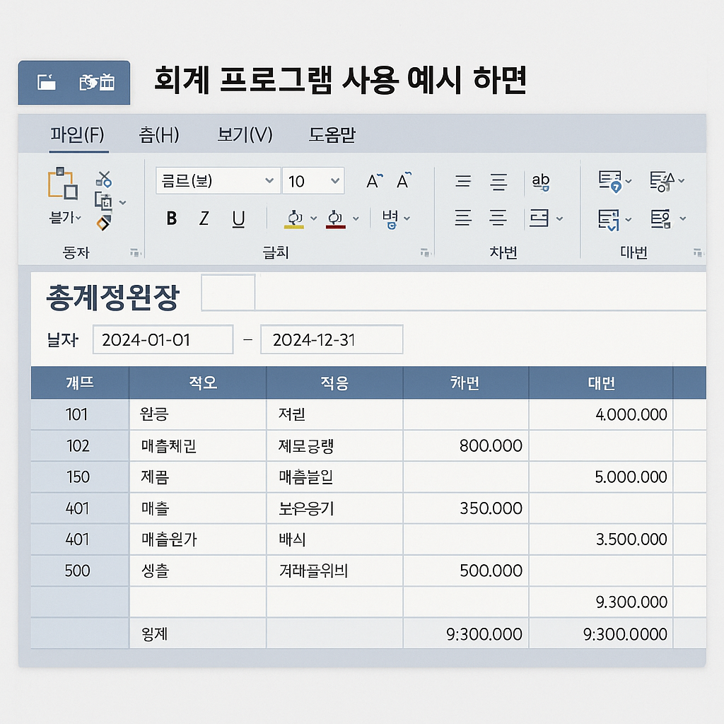 회계 프로그램 사용 예시 화면