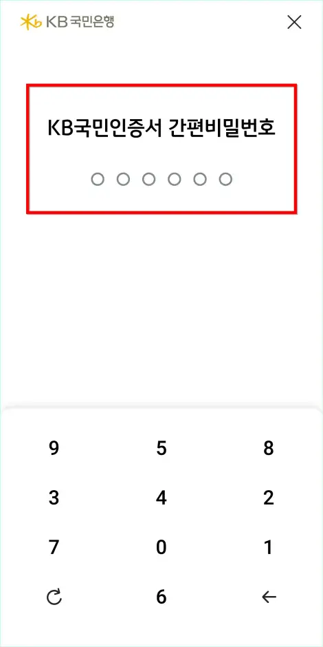 KB국민인증서 간편비밀번호를 입력