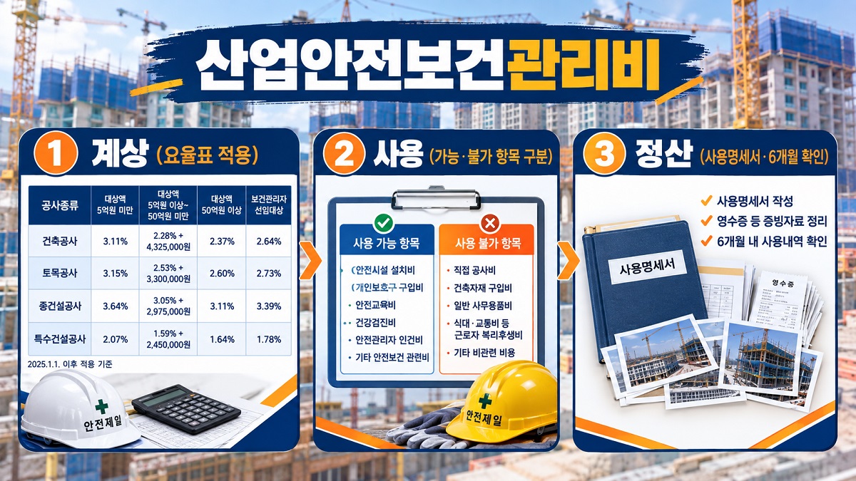 건설업 산업안전보건관리비의 계상, 사용, 정산 3단계 흐름을 정리한 인포그래픽