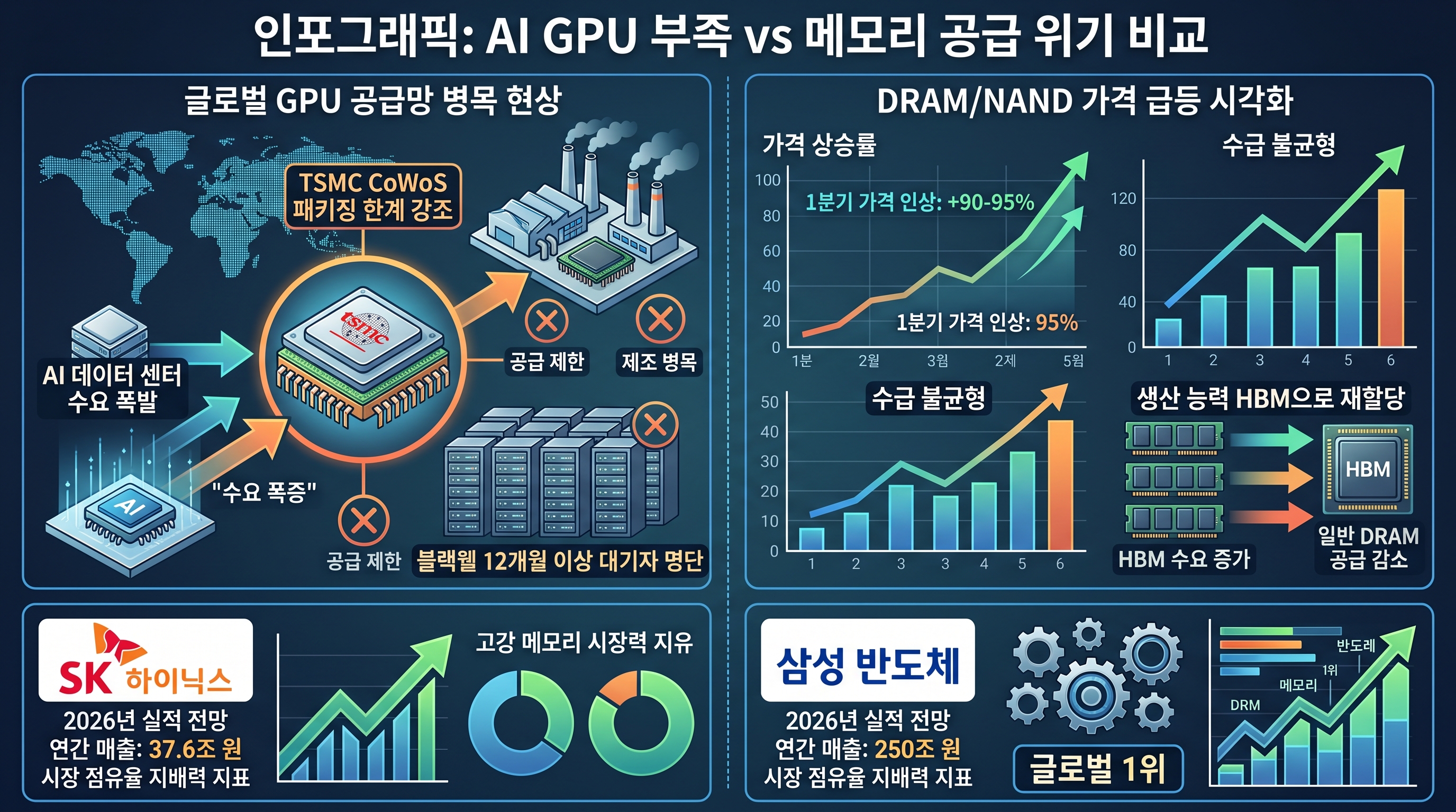 2026년 AI GPU 공급 부족 및 HBM 메모리 부족 상황 시각화 - 주문 200만장 대비 70만장만 가능, HBM 출하량 추이, TSMC CoWoS 병목 표시