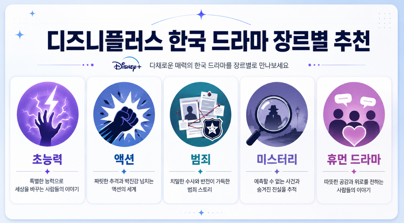 디즈니플러스 한국 드라마를 초능력 액션 범죄 미스터리 장르별로 정리한 인포그래픽 이미지