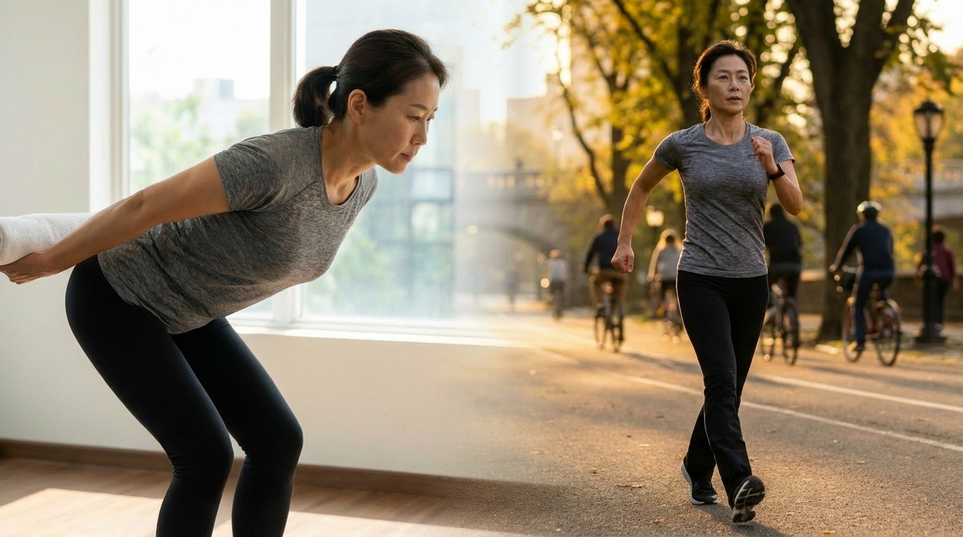 중년 뱃살 빼는 8분 걷기와 힙힌지 수건 운동 이미지