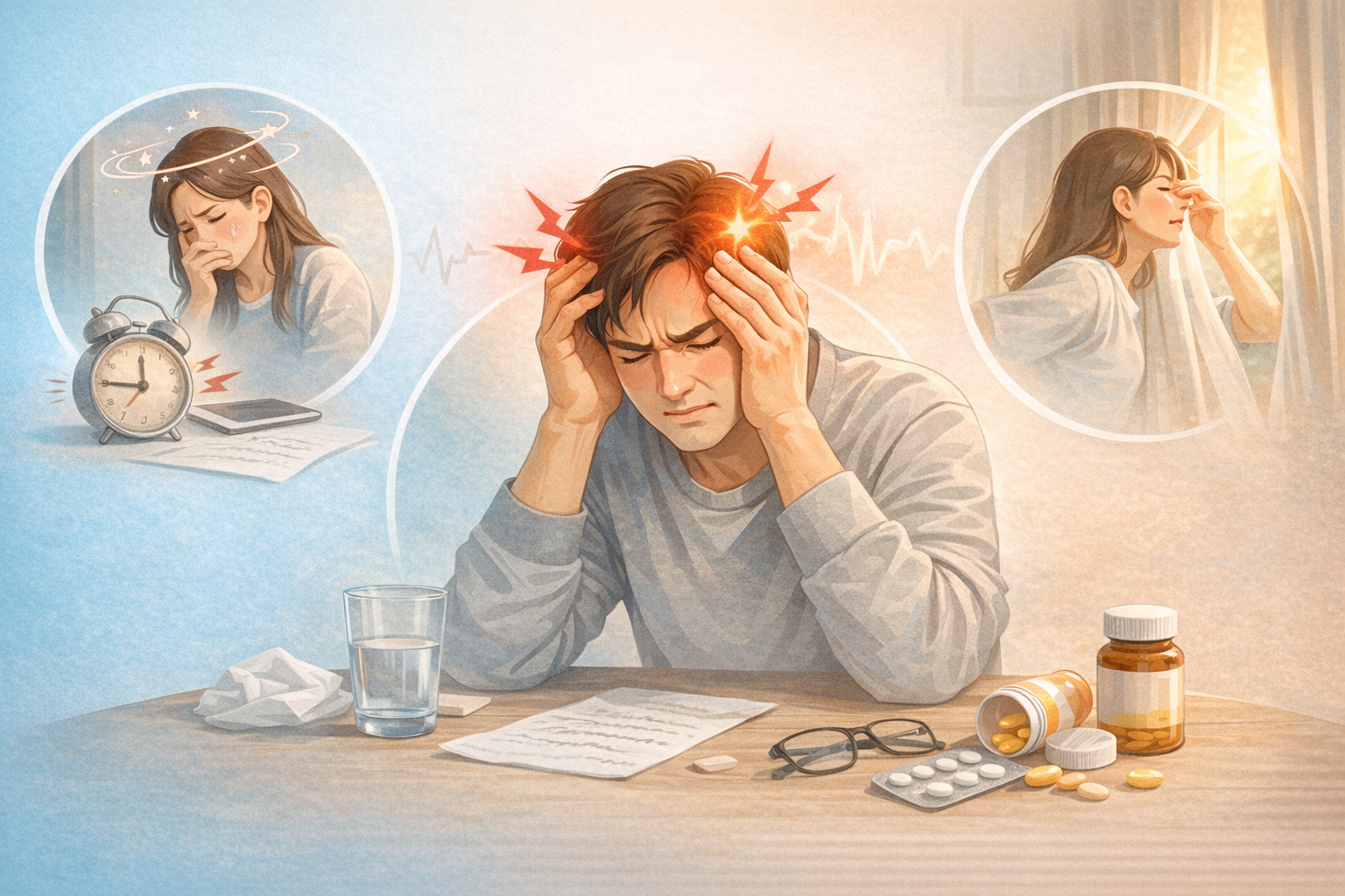 편두통으로 힘들어하는 사람 이미지