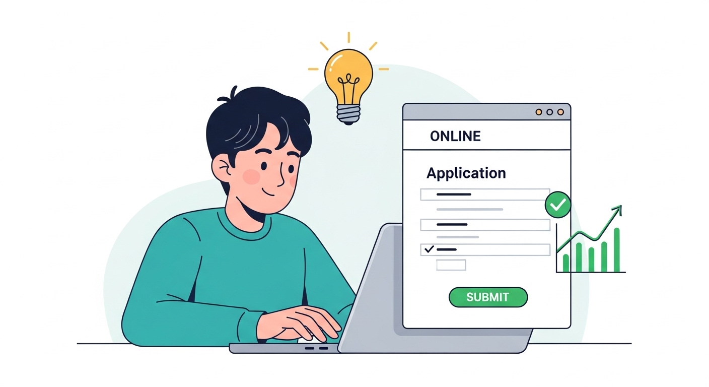한 청년이 복잡한 온라인 지원금 신청서를 성공적으로 작성하는 모습의 일러스트. 명확함과 성취감을 상징하는 요소들이 주변에 배치되어 있습니다.