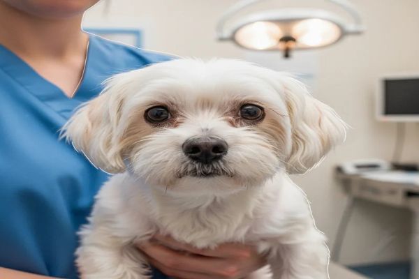 수의사 품에 안겨 수의사를 올려다보는 불안한 표정의 말티즈