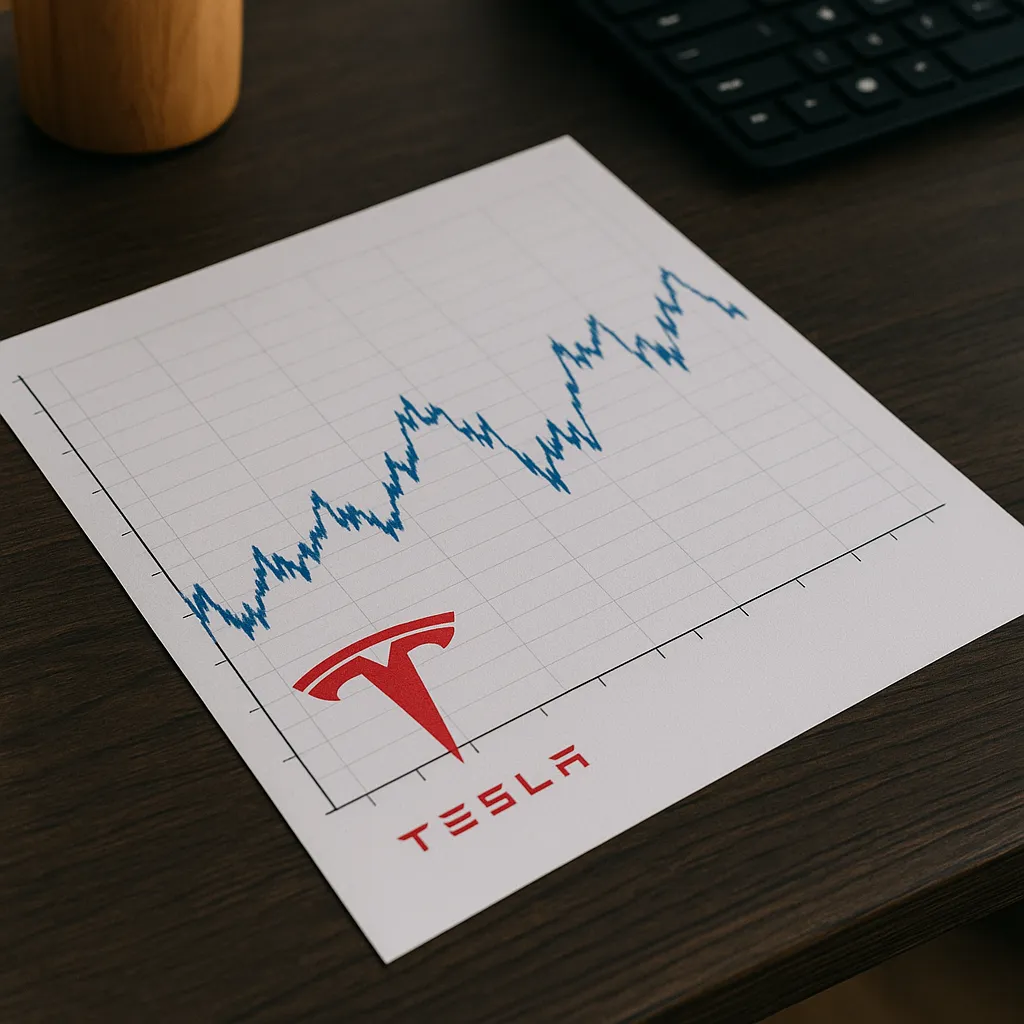 책상 위에 놓인 테슬라 주가 그래프 인쇄물