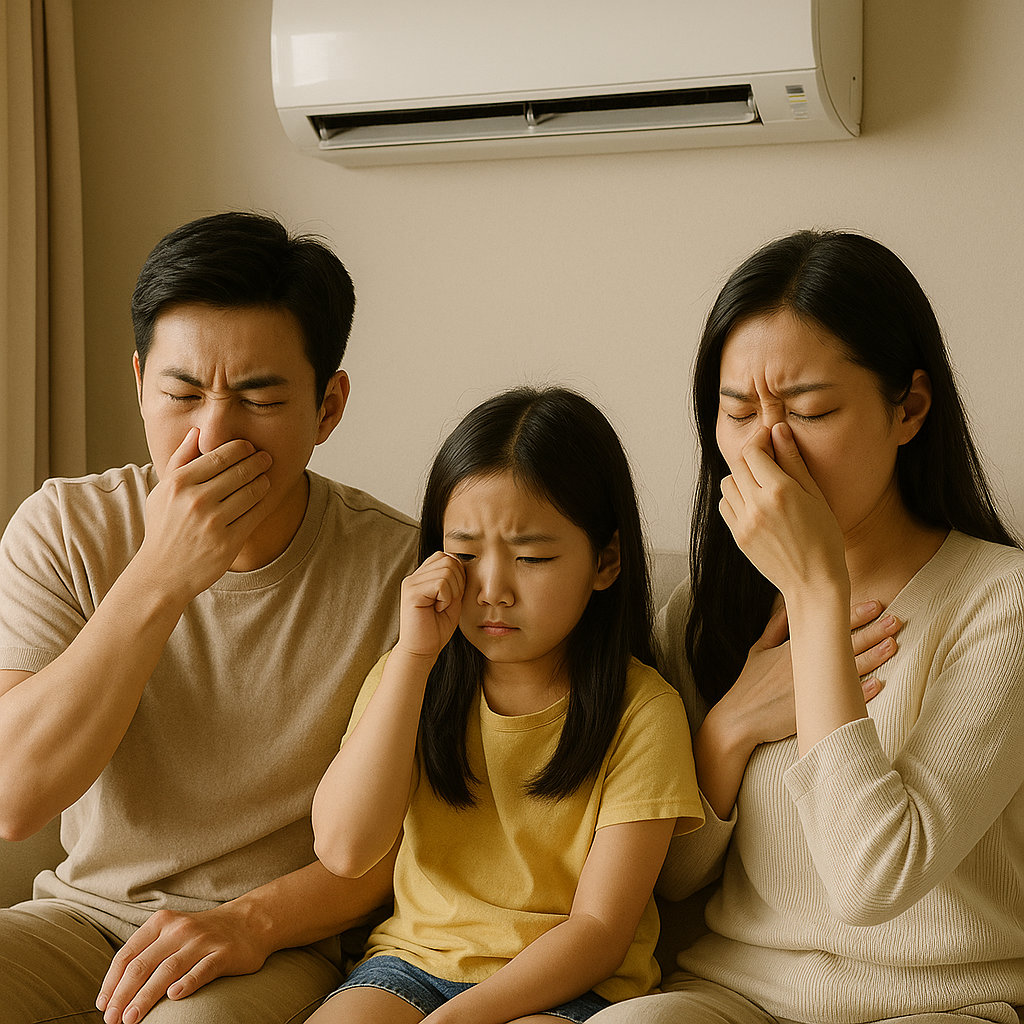 에어컨 앞에서 코와 목을 감싸며 불편한 표정을 짓는 동양인 가족 세 명