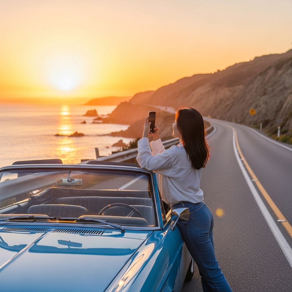 경차 사랑카드, 자동차에 기대어 석양을 찍는 여성