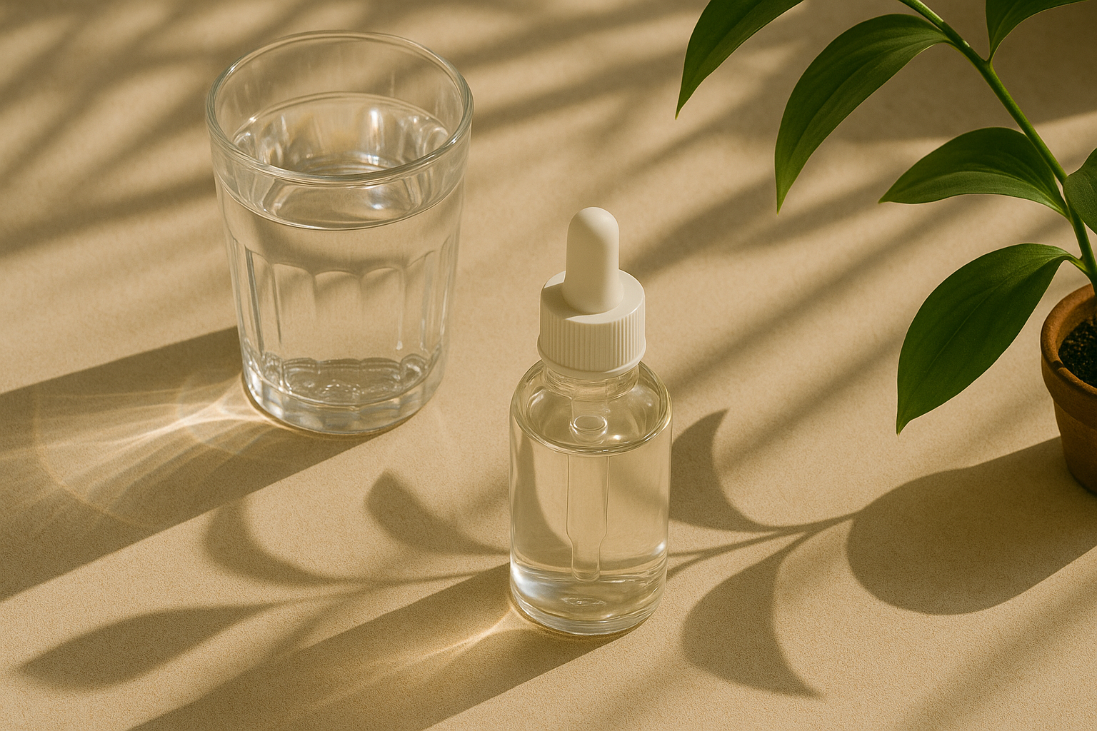 맑은 햇살 아래 화장품과 유리잔, 초록 식물이 함께 있는 편안한 이미지