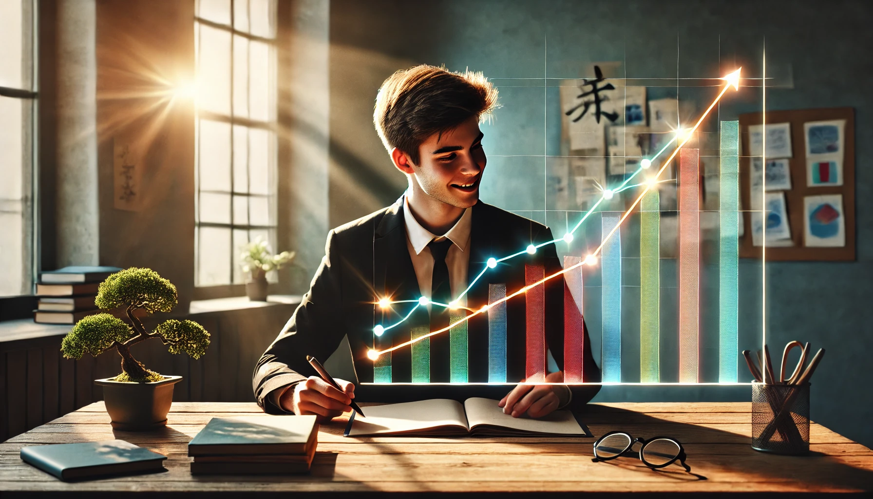 학생이 성적 흐름 그래프를 분석하며 성장과 발전을 상징하는 장면