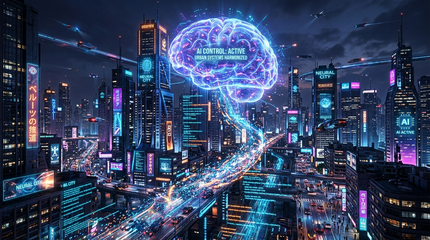고층 빌딩 숲 위로 거대한 인공지능 뇌가 형상화되어 도시의 시스템을 제어하는 미래 소프트웨어 세상