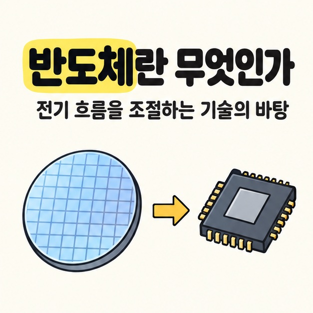 반도체란 무엇인가 제목 아래 격자가 있는 웨이퍼에서 반도체 칩으로 화살표가 이어지는 대표 이미지