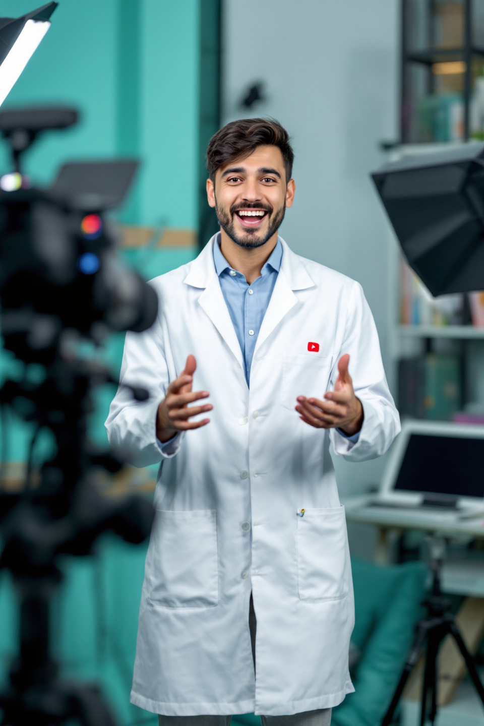 한 남학생이 연구용 흰색 가운을 입고 카메라 앞에서 어떤 연구를 하고 있는지 설명하고 있는 이미지