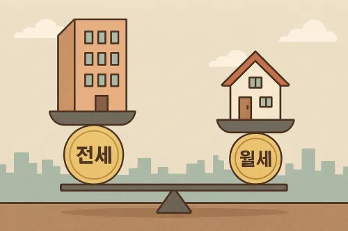 전세와 월세를 상징하는 두 건물이 시소 양 끝에 올라간 모습