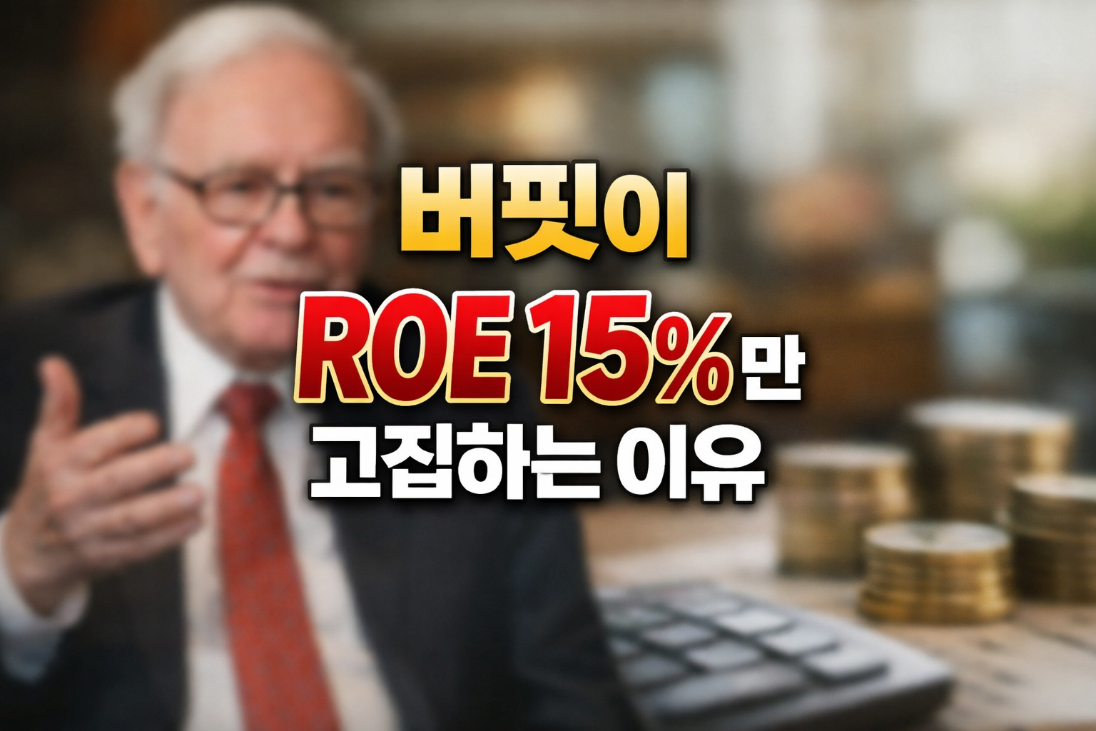 워렌 버핏과 ROE 15% 기준을 설명하는 투자 이미지, 버핏 인물 사진과 동전 더미, 계산기 배경