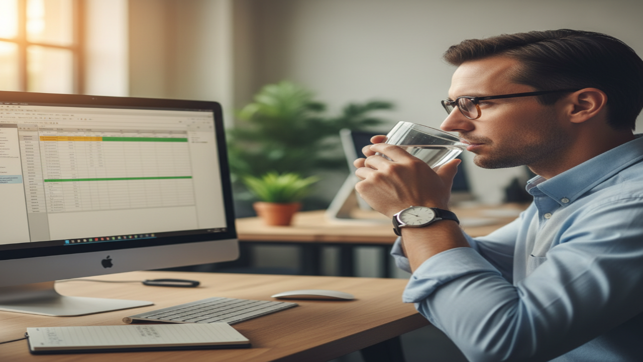 업무 중 물을 마시며 건강 관리를 하는 직장인