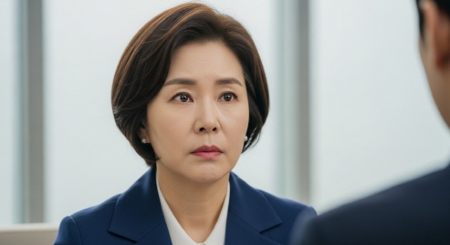 중년 여성이 드라마 장면을 무표정하게 보는 모습