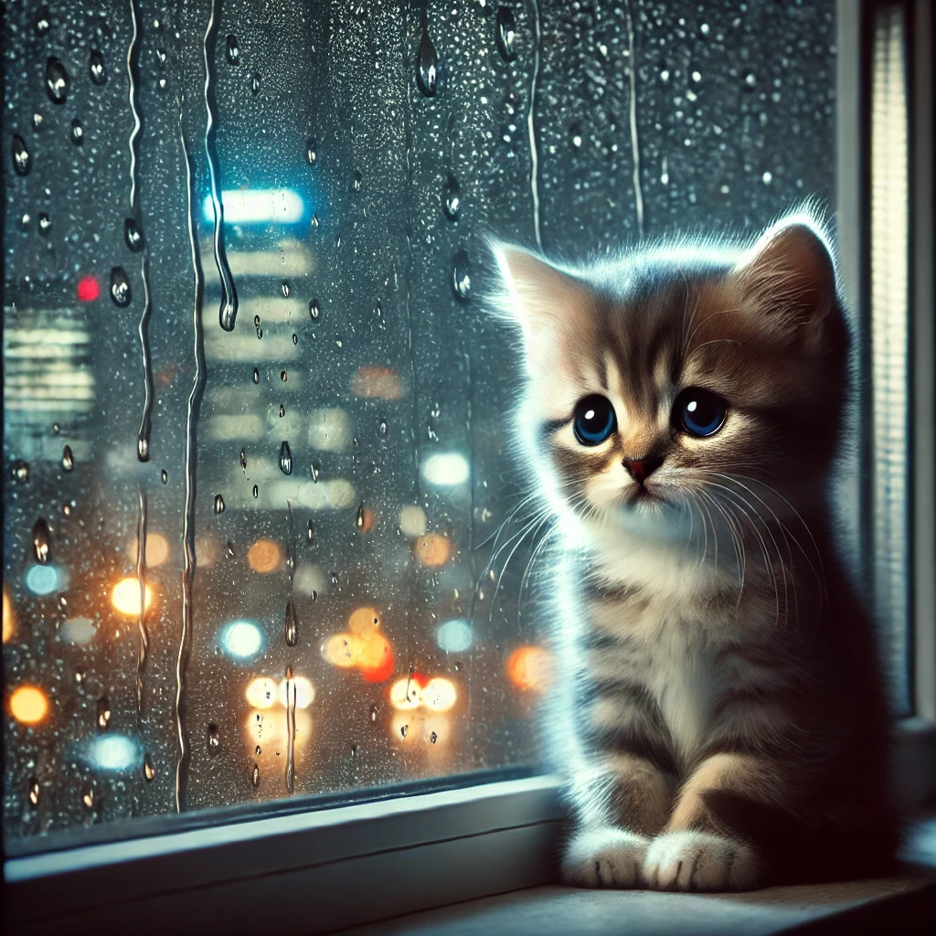 비오는 창가에 슬픈표정으로 앉아있는 고양이