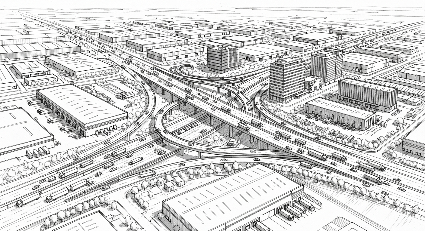 고속도로 나들목 주변의 현대적인 산업단지 물류창고