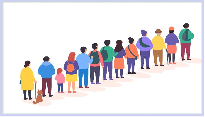 소비쿠폰 오프라인 신청을 위해 주민센터 앞에 줄 서 있는 다양한 연령대의 사람들을 묘사한 장면