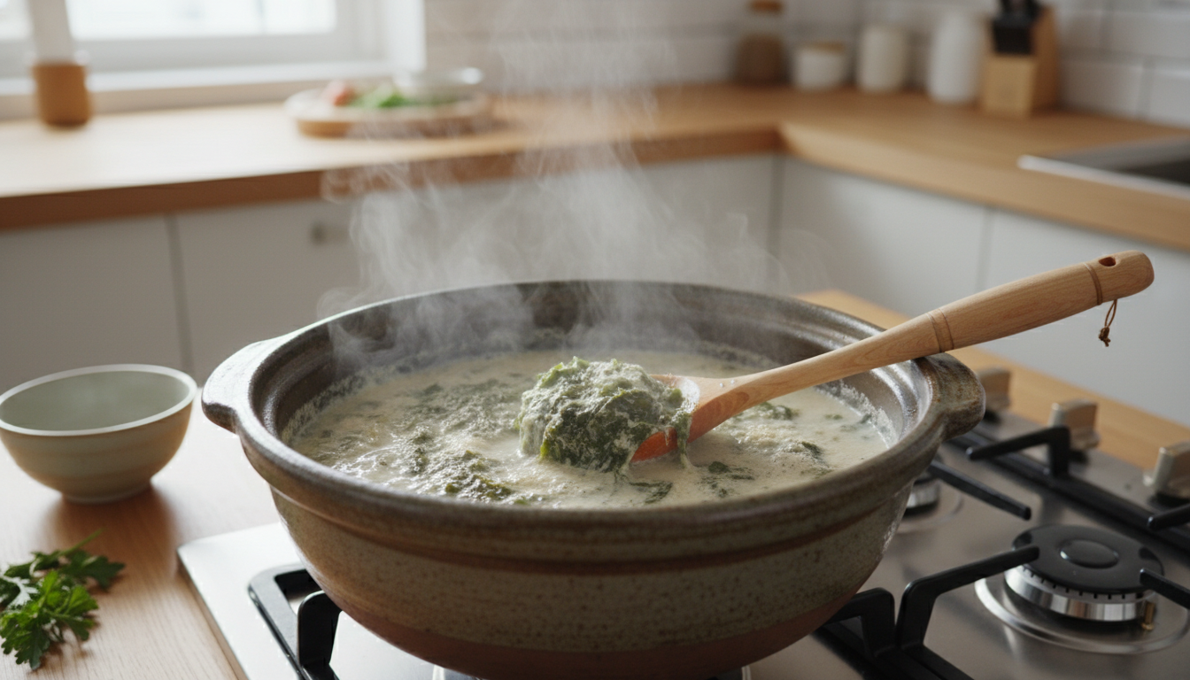 가스레인지 위 냄비에서 김이 모락모락 나는 진한 들깨 미역국. 국자의 일부가 국물에 잠겨 국물의 걸쭉함을 보여준다.