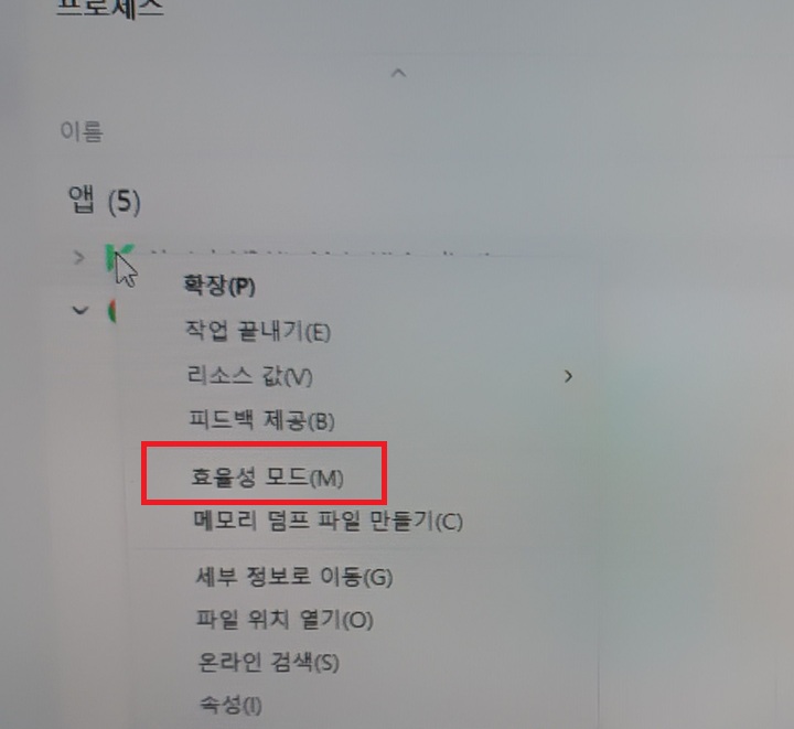 메뉴창에 효율성 모드 메뉴 보임