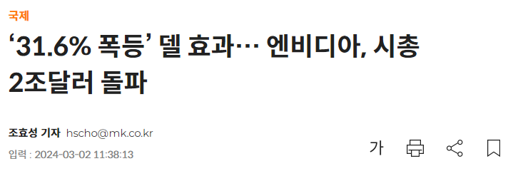 &lsquo;31.6% 폭등&rsquo; 델 효과&hellip; 엔비디아, 시총 2조달러 돌파