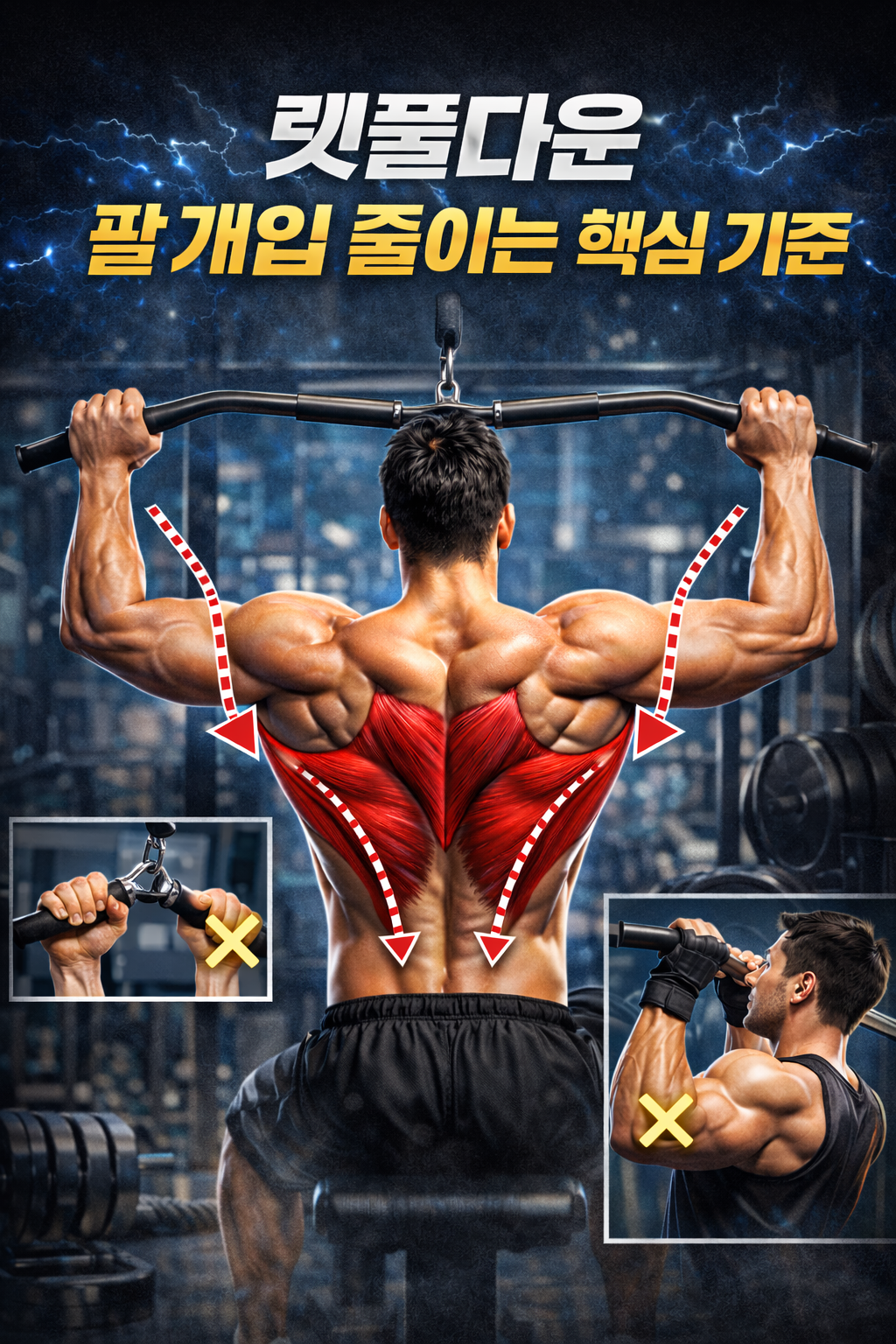 랫풀다운에서 팔 개입 완전히 줄이는 구조