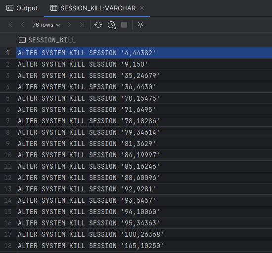 자동 생성된 ALTER SYSTEM KILL SESSION 명령어들