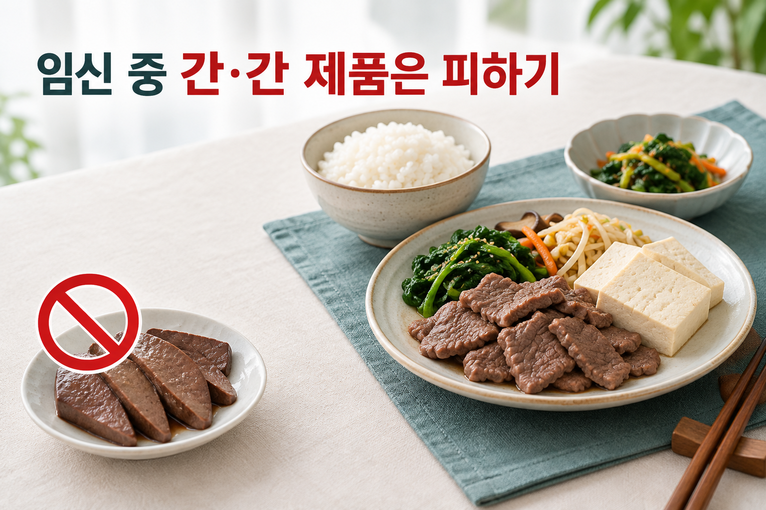 살코기와 두부·채소 식사 옆에 임신 중 피할 간 접시를 따로 표시한 구성