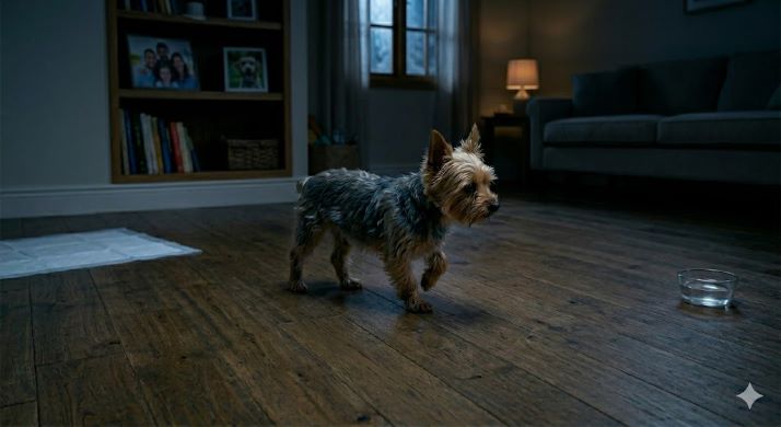 어두운 거실 한복판에서 배변 패드와 멀리 떨어진 물그릇 사이를 서성이는 강아지의 모습