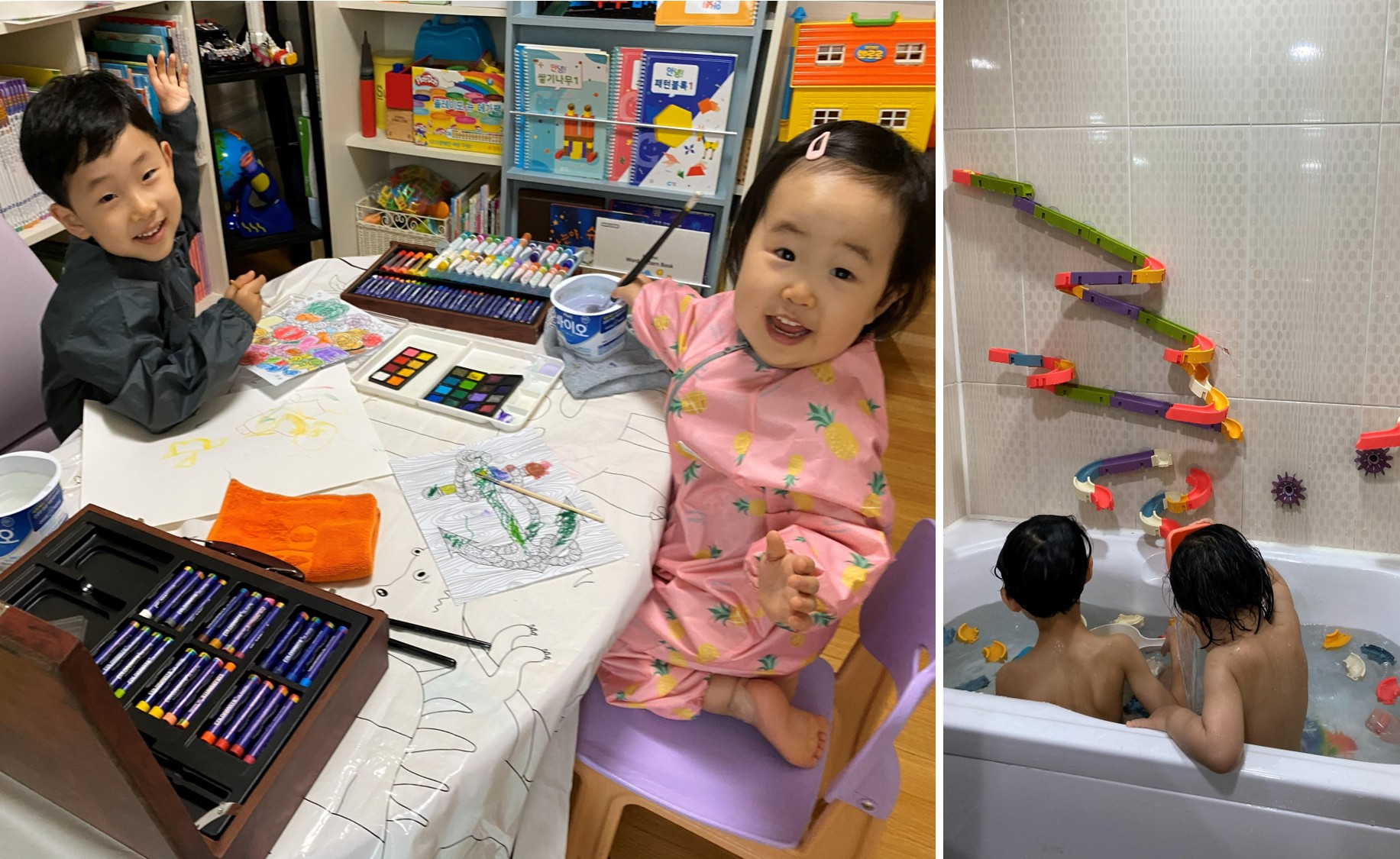 미술 놀이와 욕실에서 물놀이를 즐기는 남매