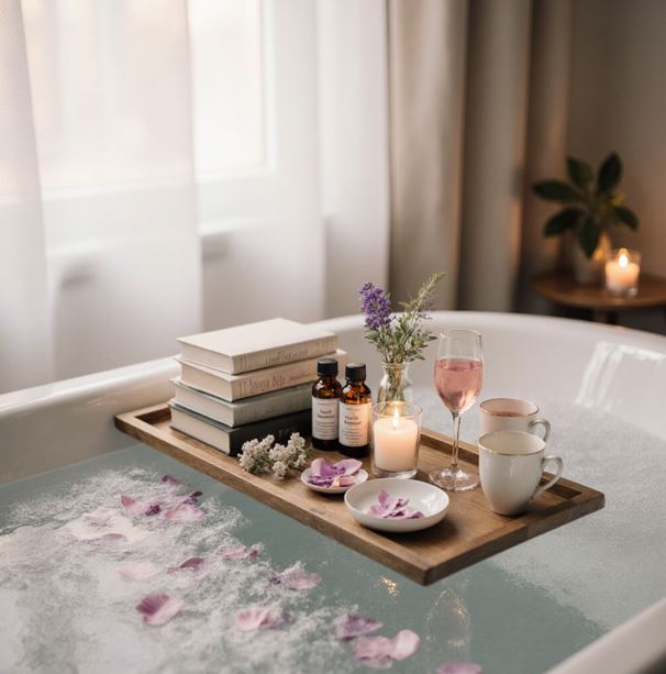 욕조 가장자리에 놓인 나무 트레이 위에 책, 향초, 와인 글라스와 차, 작은 꽃이 놓여있는 모습으로 아늑한 욕조의 모습