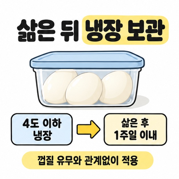 계란을 담은 보관 용기 아래 4도 이하 냉장과 삶은 후 1주일 이내 섭취를 연결하고 껍질 유무와 관계없이 적용한다고 안내한 그림
