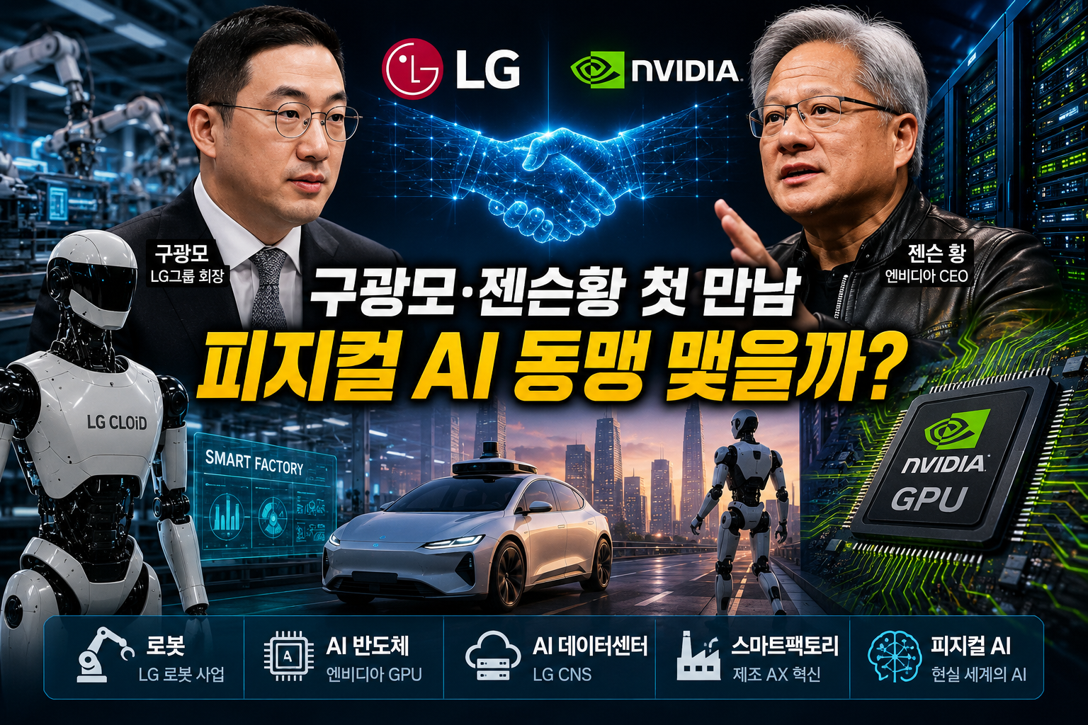 구광모 LG그룹 회장과 젠슨 황 엔비디아 CEO의 첫 만남 이슈를 배경으로, 휴머노이드 로봇, 자율주행차, 엔비디아 GPU, AI 데이터센터, 스마트팩토리 등 피지컬 AI 협력 기대감을 표현한 미래 기술 투자 썸네일 이미지