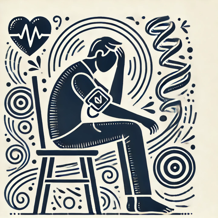 고혈압으로 인해 어지러움을 느끼는 사람&amp;#44; 머리 주변에 어지럼을 상징하는 그래픽 표현.